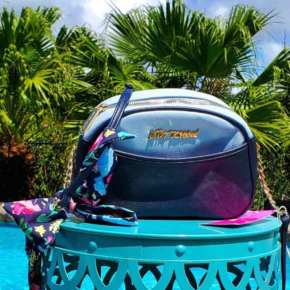 Betsey Johnson Handbags - Betsey Johnson Black Crossbody with Scarf-NEW WITH TAGS, Navy & light Blue